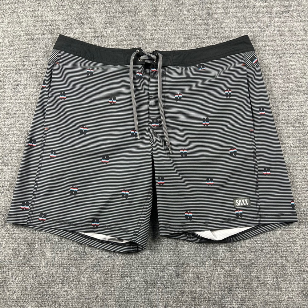 SAXX Board Shorts Mens 36 Black Betawave 2N1 Flip Flop Stripe Swim Trunks 17"